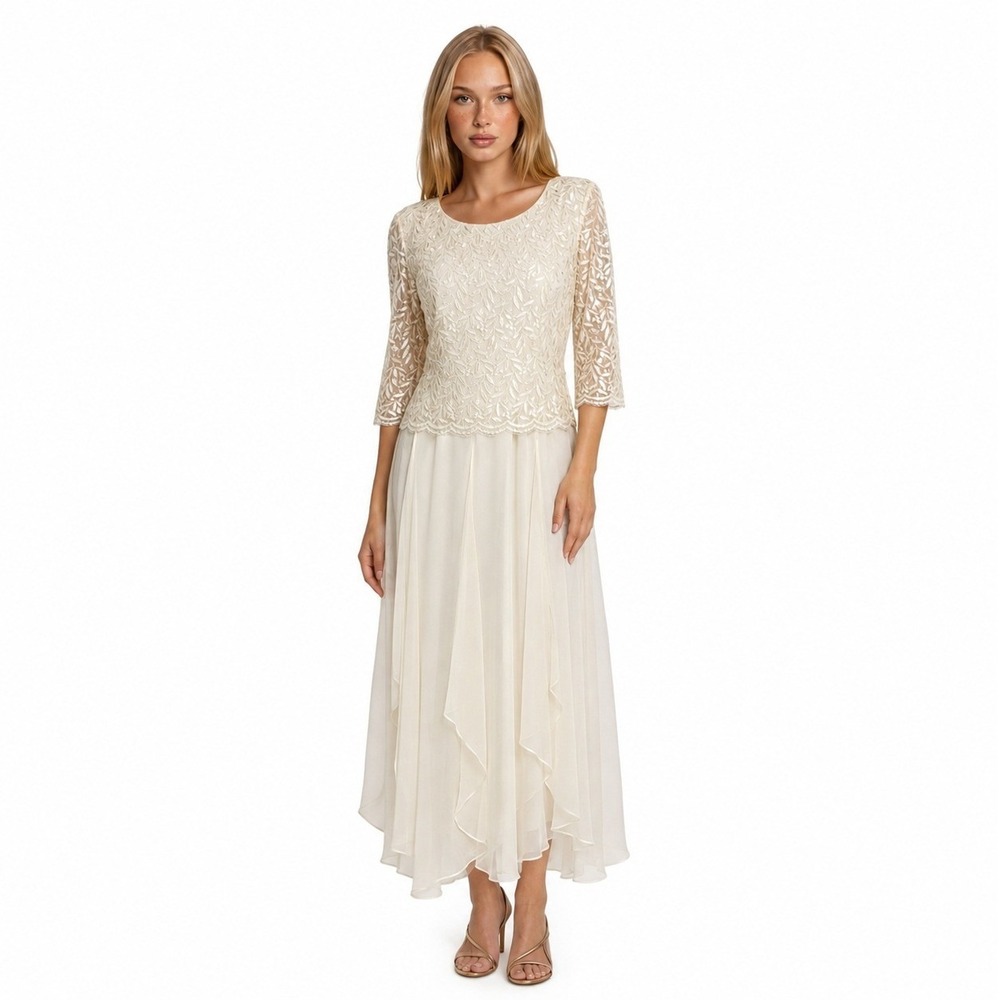 New Karen Miller Maxi Evening Dress Women's Size 16 Cream Lace Chiffon Tiered